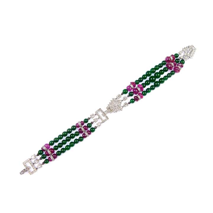 Three row jade, ruby, sapphire and diamond bead bracelet,